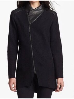 Eileen Fisher Black Boiled Merino Wool & Leather Moto Zipper Coat